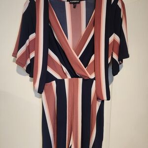 Express Women's Striped Jumpsuit - Navy and Pink